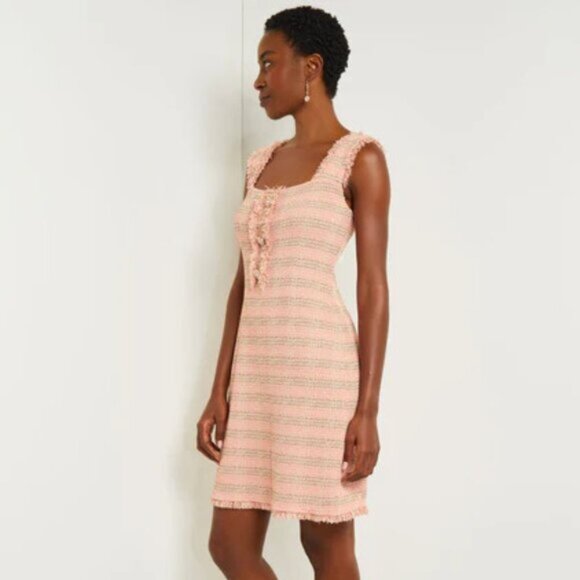 Misook Pink Fringe Trim Tweed Knit Sleeveless Mini A-Line Dress Size Large - Picture 2 of 6